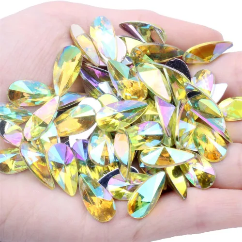 Miniatura 10 de 200 diamantes de imitación de gota de agua, diamantes de imitación de resina con parte trasera plana para manualidades, ropa, decoración de Verde AB