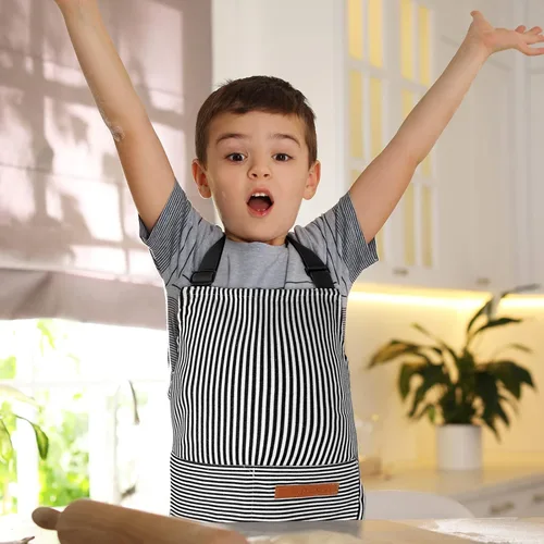 Miniatura 6 de Jiuguva 2 piezas de delantal para niños ajustable de algodón para niños pequeños con rayas de chef con 2 bolsillos para hornear para niños