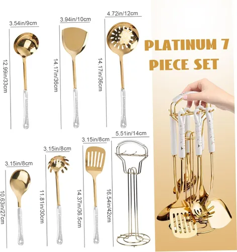 Miniatura 3 de Juego de 7 utensilios de cocina de acero inoxidable dorado con soporte apto para lavavajillas, kit de utensilios de cocina de metal para colgar