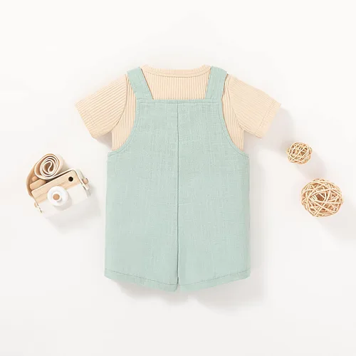 Miniatura 4 de MBMSHEGH Conjunto de ropa de verano para bebé y niño, con parte superior acanalada y tirantes con botones