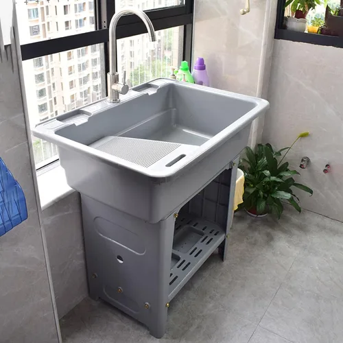 Fregadero de plástico independiente con tabla de lavadero, fregadero utilitario para interiores y exteriores con grifo de agua fría y caliente,