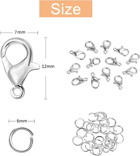 Miniatura 2 de 400 piezas de cierres de garra de langosta con kit de anillos de salto abiertos, cierres plateados para pulseras y collares, ganchos para hacer