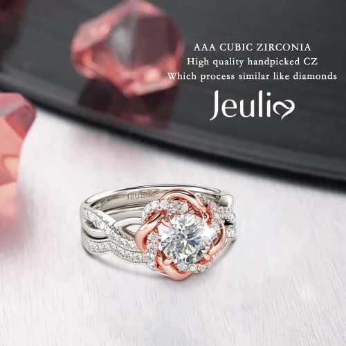Miniatura 3 de Jeulia Anillos de compromiso con halo solitario para mujer, plata de ley, anillos de flores florales, chapados en oro rosa, anillo de diamante