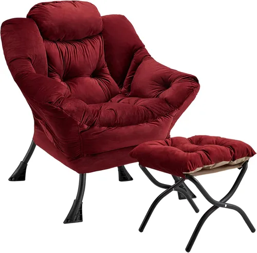 Miniatura 11 de Silla perezosa con otomana plegable, sofá de ocio, sillón de tela suave con reposabrazos y bolsillos laterales, silla de lectura con reposapiés