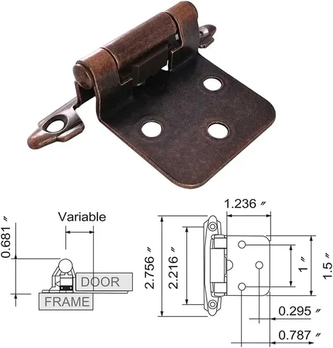 Miniatura 6 de Bisagra tradicional para gabinete, superposición variable, paquete de 10 unidades, bronce rojo aceitado