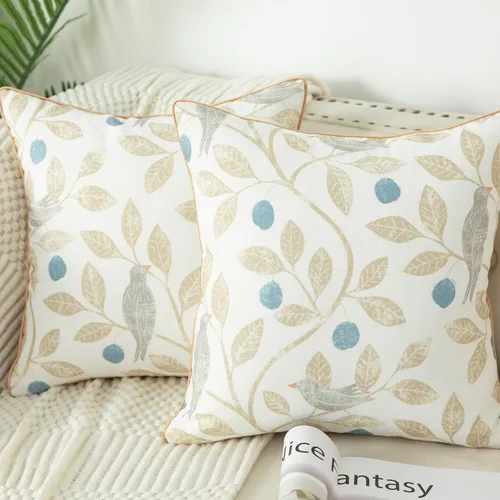 Miniatura 2 de VOGOL - Funda de almohada texturizada de lino, 18 x 18 pulgadas, estilo granja, para sofá, cama y habitación, con diseño de pájaros y hojas beige
