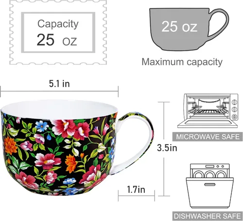 Miniatura 2 de Tazones de sopa de 25 onzas con asas, taza de sopa de porcelana y hueso con asas, taza de sopa de flora grande para café, cereales, avena con leche