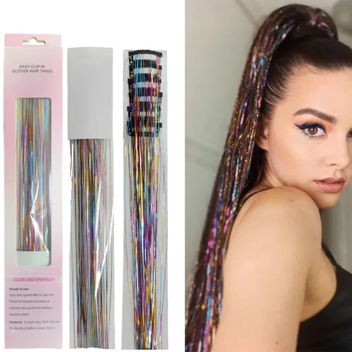 Miniatura 8 de Kit de oropel para el cabello, 18 colores de 48 pulgadas, extensiones de cabello de oropel de hadas resistentes al calor con herramientas, CC