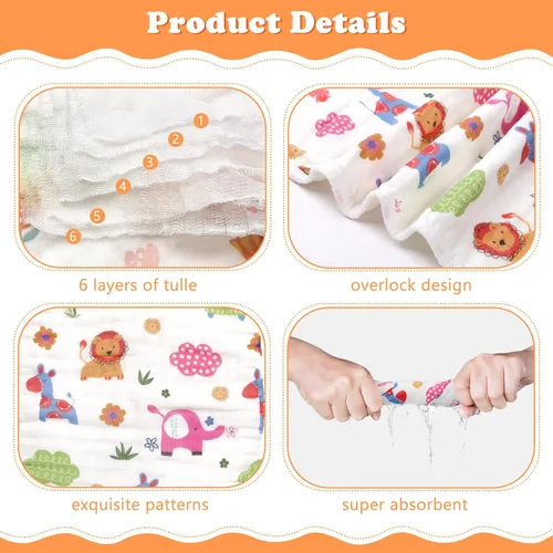 Miniatura 4 de decalsweet Paños de muselina para bebé, paquete de 6 paños de muselina para eructos, 100% algodón, grandes, 20 x 12 pulgadas, suaves, 6 capas