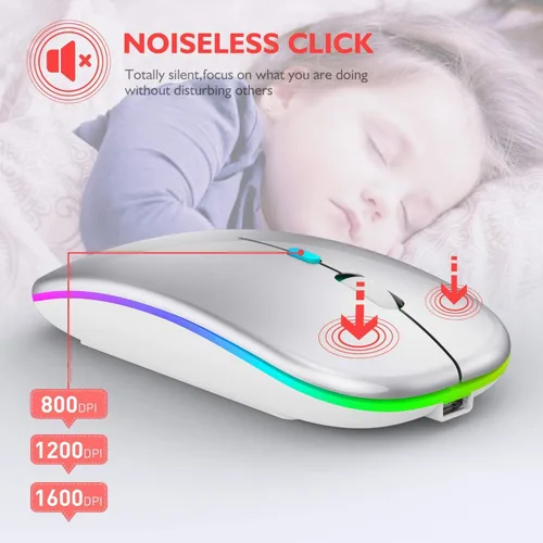 Miniatura 7 de Mouse inalámbrico Bluetooth para MacBook Air/Mac/Pro/portátil/computadora/PC, interruptor de modo dual recargable, mouse Bluetooth 5.2/3.0 y plateado