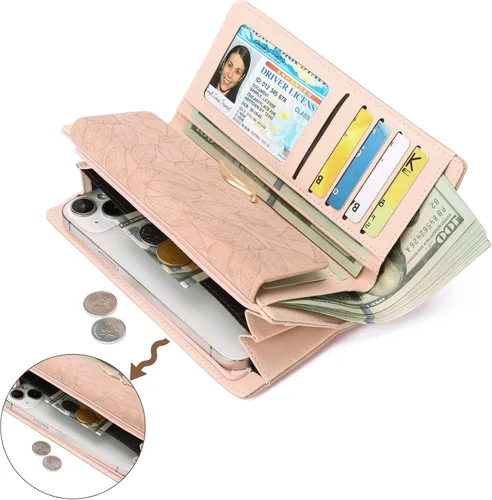 Miniatura 5 de Cartera de cuero para mujer, con bloqueo RFID, gran capacidad, triple tarjetero, carteras, monedero largo con ventana de identificación, C02 Rosa