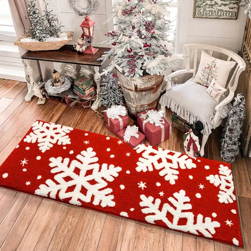 Alfombra de baño roja para decoración de baño, alfombra de baño roja, antideslizante, nieve blanca, decoración del hogar, alfombra de ducha