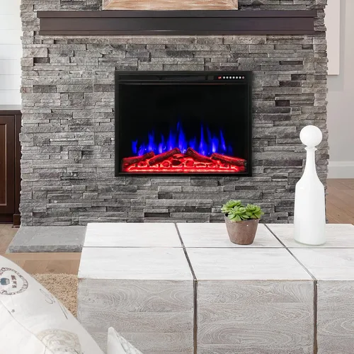 Miniatura 3 de COSTWAY Chimenea eléctrica de 34 pulgadas, calentador de chimenea empotrado y montado en la pared con 4 colores de llama y tronco, velocidad