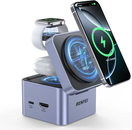 BENFEI Soporte de cargador MagSafe plegable 3 en 1 con concentrador USB C, estación de carga inalámbrica para iPhone 16/15/14/13/12, Apple Watch y