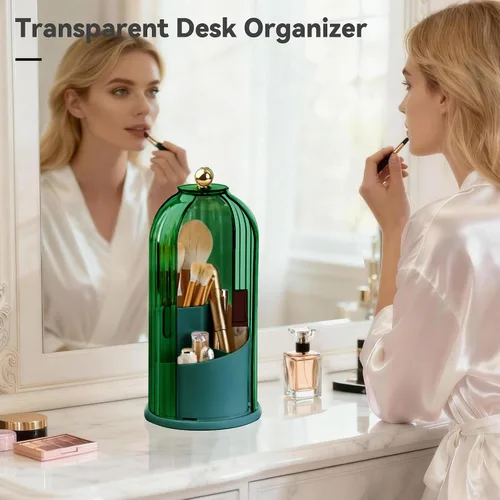 Miniatura 3 de Hvygss Soporte giratorio de 360° para brochas de maquillaje con tapa, organizador de maquillaje impermeable de tres compartimentos, organizador