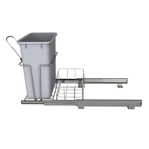 Miniatura 9 de Rev-A-Shelf Bote de basura extraíble universal de 20 cuartos de galón para gabinete de cocina de alambre metálico deslizante con cesta trasera