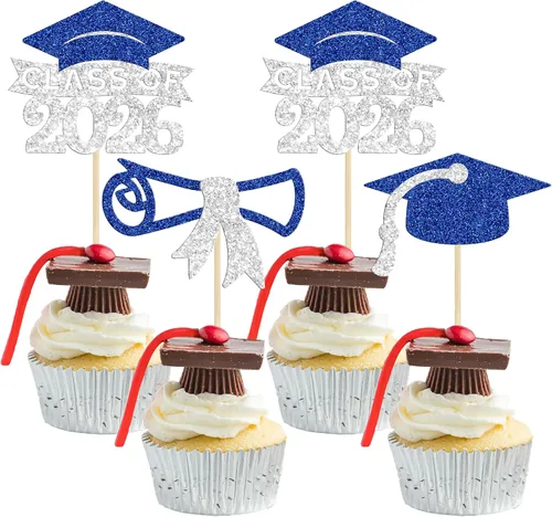 Miniatura 24 de Gyufise 24 piezas Adornos para pastel de graduación 2026 con purpurina negra, clase de 2026, adornos para magdalenas con gorra de graduación