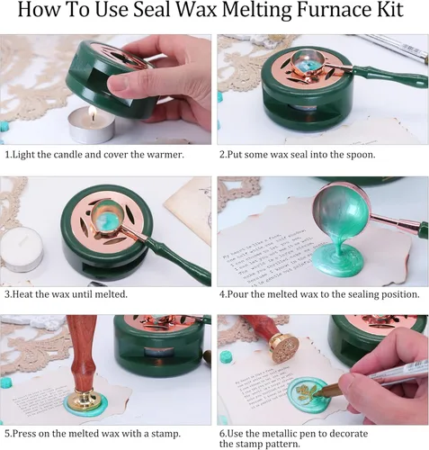 Miniatura 6 de SWANGSA Kit de calentador de sellado de cera, horno de cera de sellado con 2 bolígrafos, cuchara y 2 velas para invitación de boda sobre carta Verde