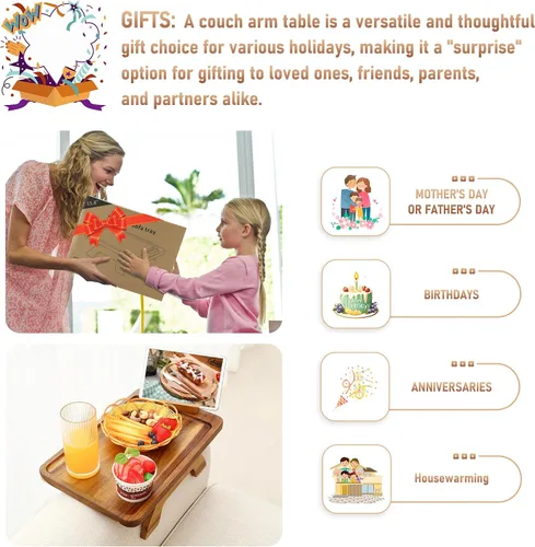 Miniatura 7 de SINWANT Mesa de Brazo para Sofá, Mesas de Reposabrazos de Sofá de Madera de Acacia, Mesa de Reposabrazos de Sofá con Soporte para Teléfono de 360°