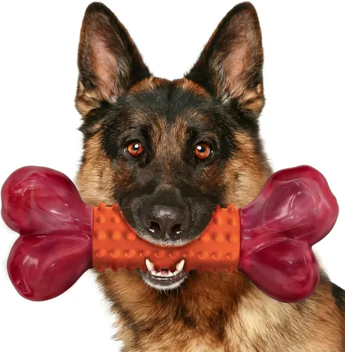 Miniatura 16 de Juguetes resistentes para perros masticadores agresivos de raza grande, hueso para masticar con sabor a tocino, juguete masticable de nailon y goma