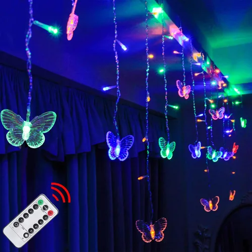 Miniatura 10 de Luces de cortina de mariposas, 13 pies, 96 luces LED USB, luces de hadas para ventana, 16 mariposas, 8 modos, luces de luciérnaga, centelleo, Blanco