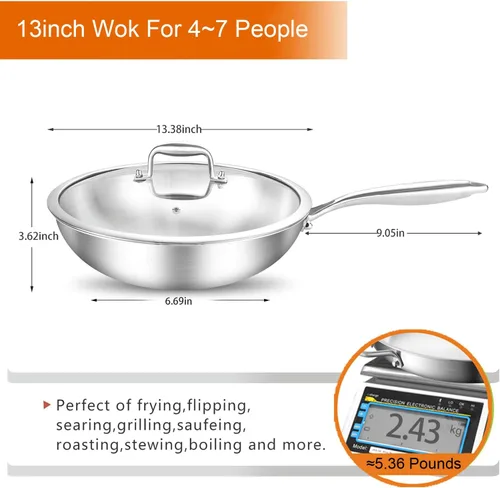 Miniatura 3 de DELARLO Woks y sartenes para saltear, sartén de acero inoxidable de 13 pulgadas con tapa, superficie de cocción grande, sartén wok de acero