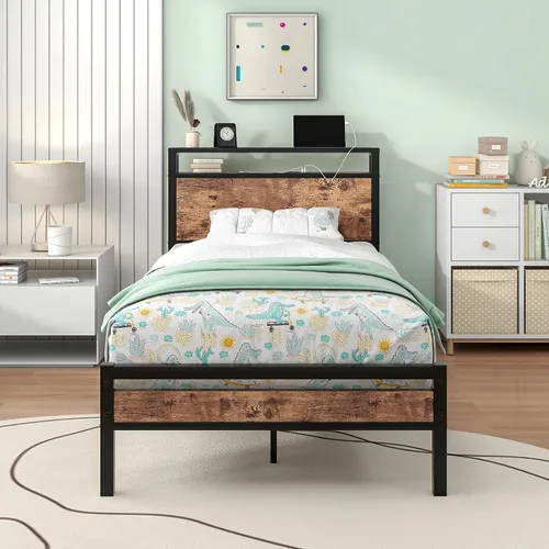 Miniatura 14 de BOFENG Base de cama Queen con cabecera de almacenamiento, marco de cama de plataforma de metal tamaño Queen con luces LED, estación de carga,