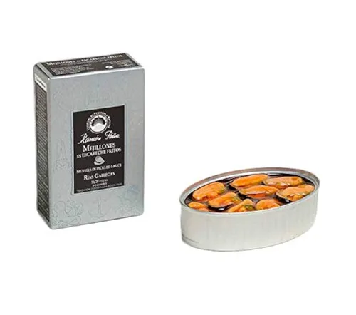 Ramon Pena Mejillones enlatados en salsa en escabeche | 16/20 mejillones por lata | Lata Ramon Pena Silver Line | 1 lata de 3.88 oz