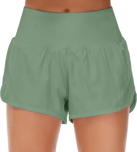 Origiwish - Pantalones cortos de cintura alta para mujer con forro, de secado rápido, deportivos, para entrenamiento, con bolsillos con cremallera