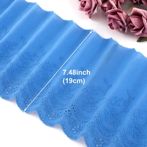 Miniatura 2 de PAGOW 5 yardas de ribete de encaje de ojales de algodón, ribete de encaje festoneado de bordado floral de algodón azul para coser vestidos, ropa