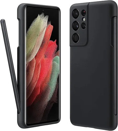 Funda para Galaxy S21 Ultra con soporte para bolígrafo S, silicona líquida con ranura para lápiz capacitivo (bolígrafo no incluido), protección Negro