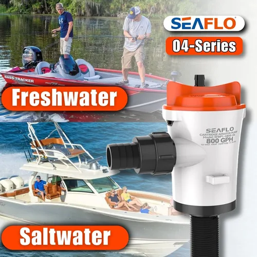 Miniatura 7 de SEAFLO Bomba aireadora Baitwell/Livewell Serie 04 de 800 GPH con entrada recta, 12 V CC, motor de cartucho reemplazable para agua salada/dulce