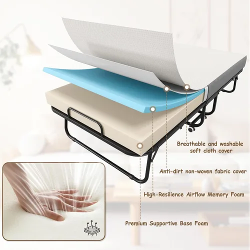 Miniatura 4 de Cama plegable de 75 x 38 pulgadas con colchón para adultos, cama plegable portátil con colchón de espuma viscoelástica y marco súper fuerte