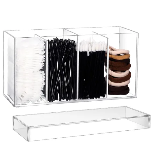 Organizador de maquillaje acrílico de 4 compartimentos con tapa, organizador de carrito de pestañas para Lash Techs, almacenamiento de baño con 4