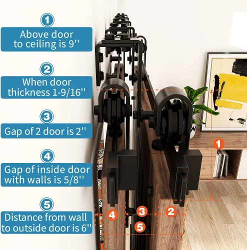 Miniatura 7 de ZEKOO Kit de herrajes para puerta corredera de granero con doble riel bypass de 10 pies para 2 puertas, kit de riel de puerta de granero bypass