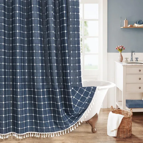 Miniatura 31 de MitoVilla Juego de cortinas de ducha estilo bohemio, modernas cortinas de ducha bohemias para decoración de baño, cortina de ducha de tela de lino