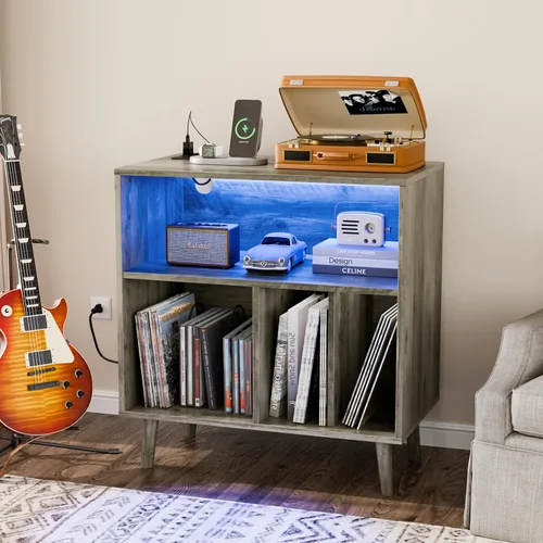 Miniatura 10 de VINGLI Soporte para tocadiscos con almacenamiento de vinilo abierto, mesa de almacenamiento de álbumes de mediados de siglo con luz LED de hasta 300