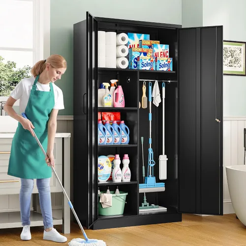 Miniatura 2 de SISESOL Armario de almacenamiento de metal de 36 pulgadas con puertas y estantes, pequeño armario de almacenamiento de garaje con cerradura, Negro