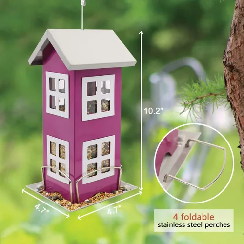 Miniatura 4 de Goodeco Comedero de metal para pájaros para decoración de jardín, comederos para colgar al aire libre, diseño de casa de campo, a prueba de Púrpura