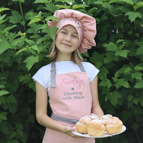 Miniatura 5 de Delantal para niños - Delantal de cocina personalizado bordado con nombre, ajustable, de algodón, con bolsillos, para cocinar rosado (01 Pink)