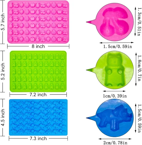 Miniatura 2 de Moldes de silicona para caramelos, mini gomitas de oso/dinosaurio/fruta con 2 cuentagotas, antiadherentes y sin BPA para hornear gomitas