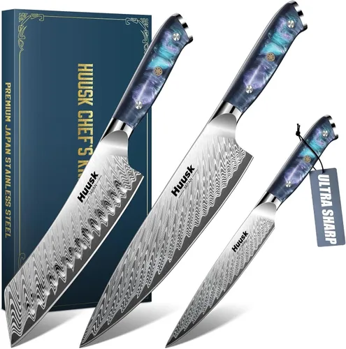 Huusk - Juego de cuchillos japoneses de 3 piezas, juego de cuchillos de chef de acero inoxidable con funda y mango ergonómico de resina, cuchillos