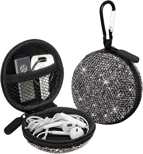 Miniatura 11 de SAVORI Estuche para auriculares pequeños con diamantes de imitación de cristal portátil, organizador de auriculares, bolsa de almacenamiento con Rosa
