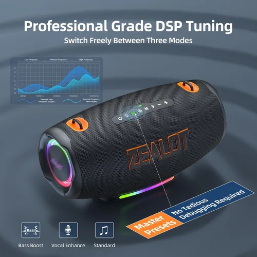 Miniatura 3 de ZEALOT Altavoz Bluetooth de 120 W (pico) con graves profundos, altavoz inalámbrico portátil con luz RGB, altavoz impermeable IPX6 para exteriores