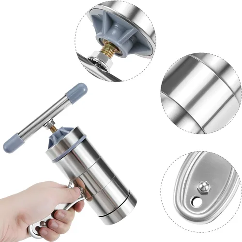 Miniatura 5 de QWORK Máquina de fideos de acero inoxidable, máquina manual de pasta con 5 moldes de fideos, máquina de fideos de prensa de pasta