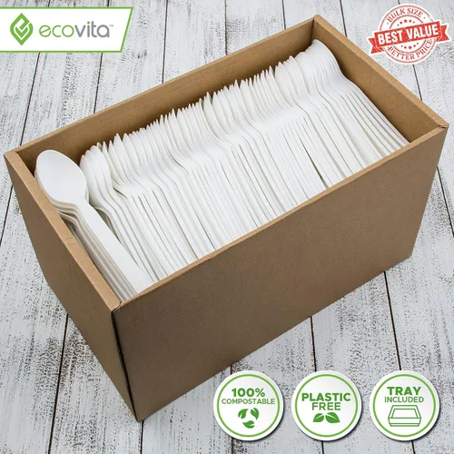 Miniatura 2 de Ecovita Cucharas 100% compostables – 500 utensilios desechables grandes (6.5 pulgadas). Tamaño a granel, ecológico, duradero y resistente al calor