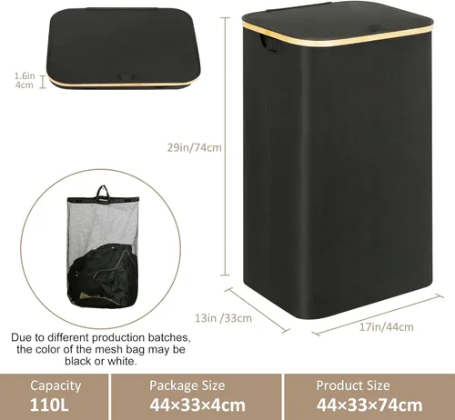 Miniatura 2 de iEGrow Cesto para la ropa sucia con tapa, cesta grande para la ropa sucia de 110 litros con asa y tapa, organizador de ropa plegable con bolsa Negro