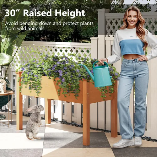 Miniatura 3 de HAPPYGRILL - Cama de jardín elevada, caja de jardín de madera para exteriores con patas, agujeros de drenaje, tela de revestimiento de jardín negra