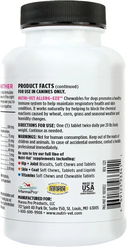 Miniatura 8 de Nutri-Vet Allerg-Eze - Masticables para perros – Antioxidantes formulados y ácidos omega-3 – Apoya la salud respiratoria y de la piel – 60