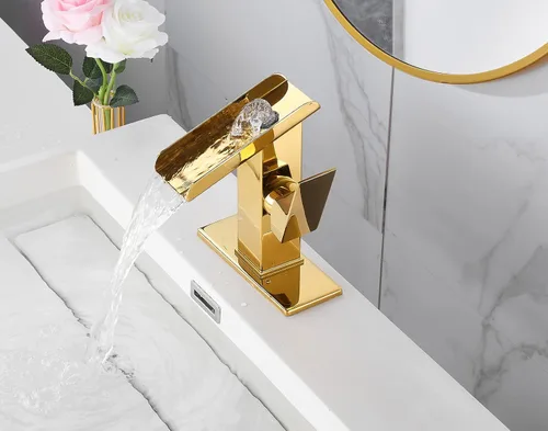Miniatura 4 de Grifo de lavabo de baño dorado de una sola manija de 1 o 3 agujeros de 4 pulgadas, cascada de 4 pulgadas, grifo de baño moderno de latón para lavabo